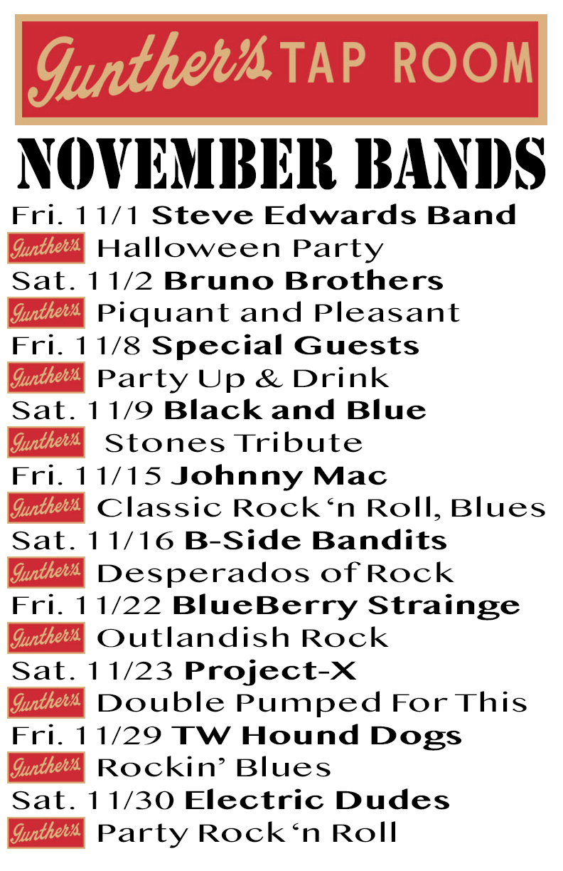 Gunther's Tap Room November 2019 bands