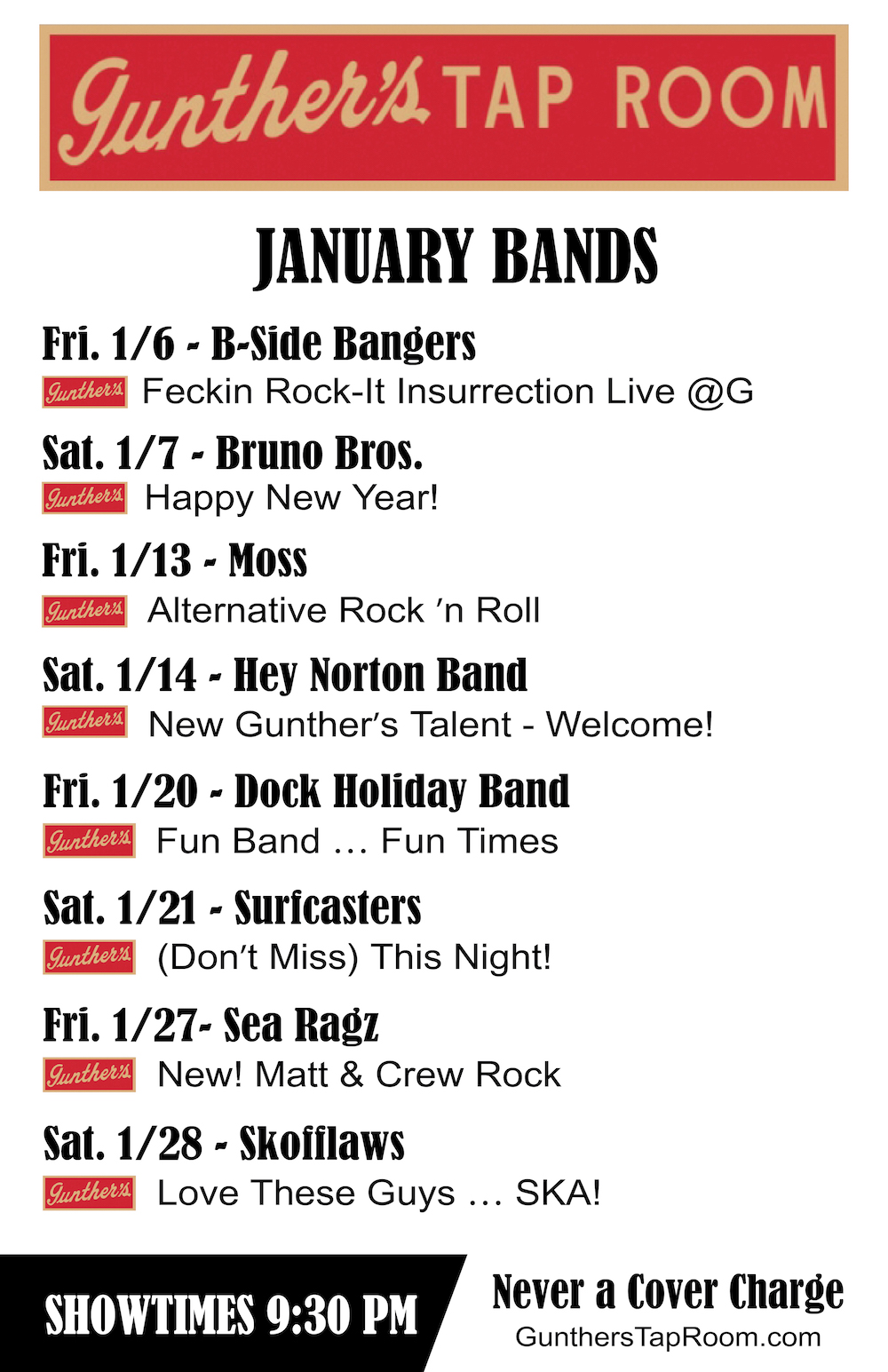 January 2023 Gunther's Band Schedule