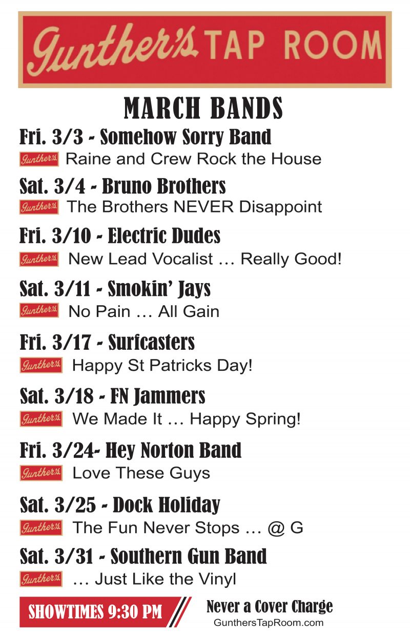 March 2023 — Band Schedule Gunthers Tap Room, Bar Northport NY
